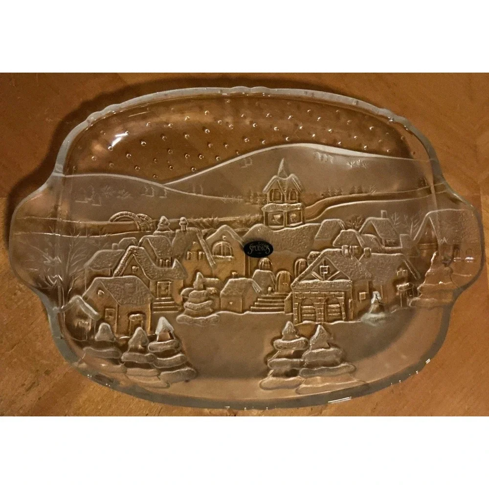 Vintage Crystal‎ Clear Studios Glass Serving Platter Winter Village Scene